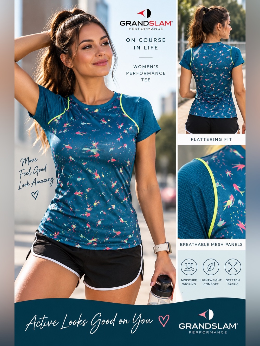 Grand Slam Teal Floral Performance Tee with Neon Trim